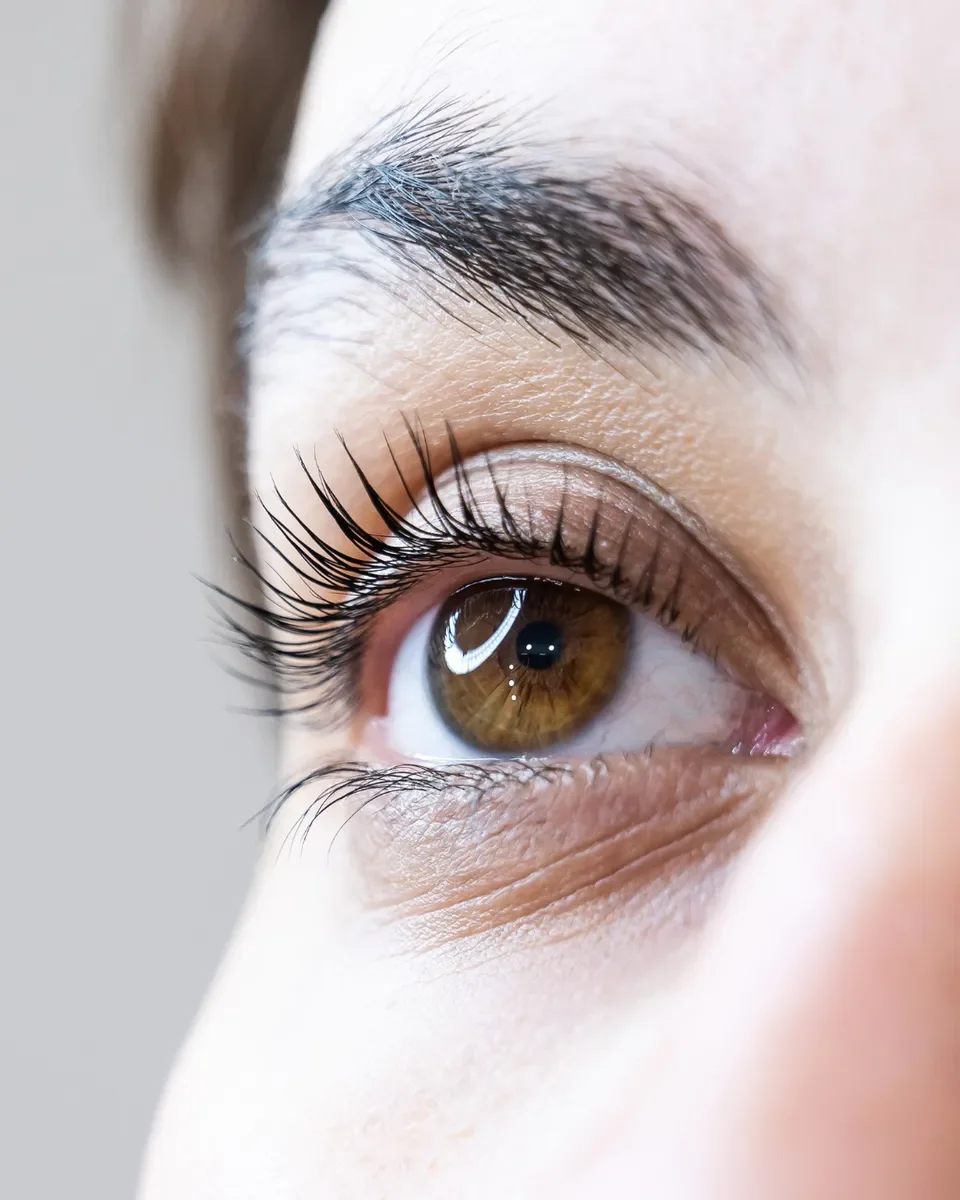 Ojo humano con detalles de pestañas, ceja y piel cercana.