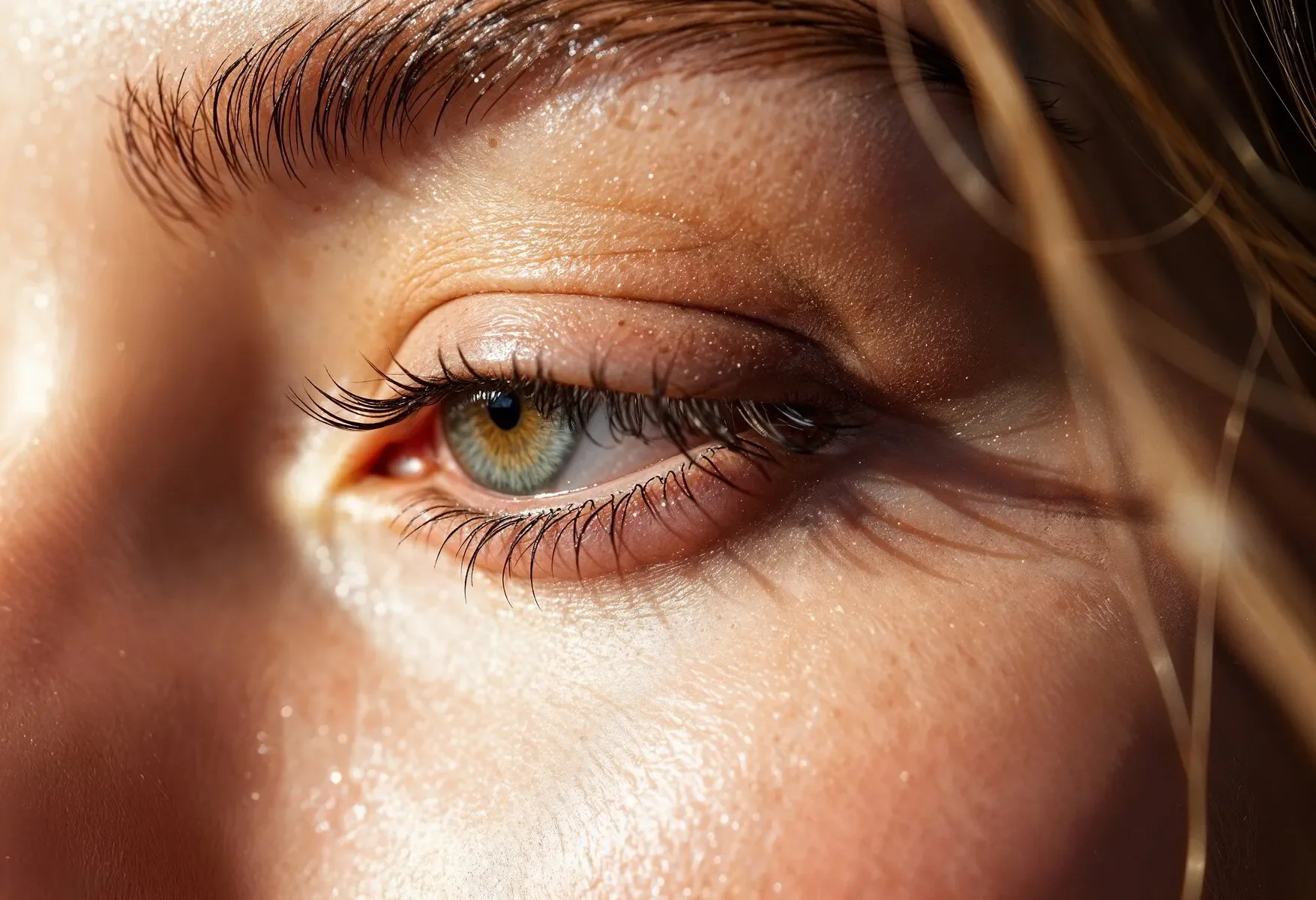 Primer plano de un ojo humano con pestañas largas y color iris verde con detalles en amarillo y negro, rodeado de piel con brillo.