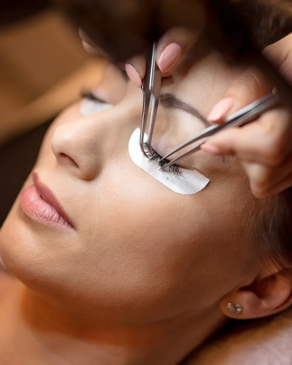 Una mujer recibe un procedimiento de extensiones de pestañas, con herramientas y y apósito debajo de su ojo.