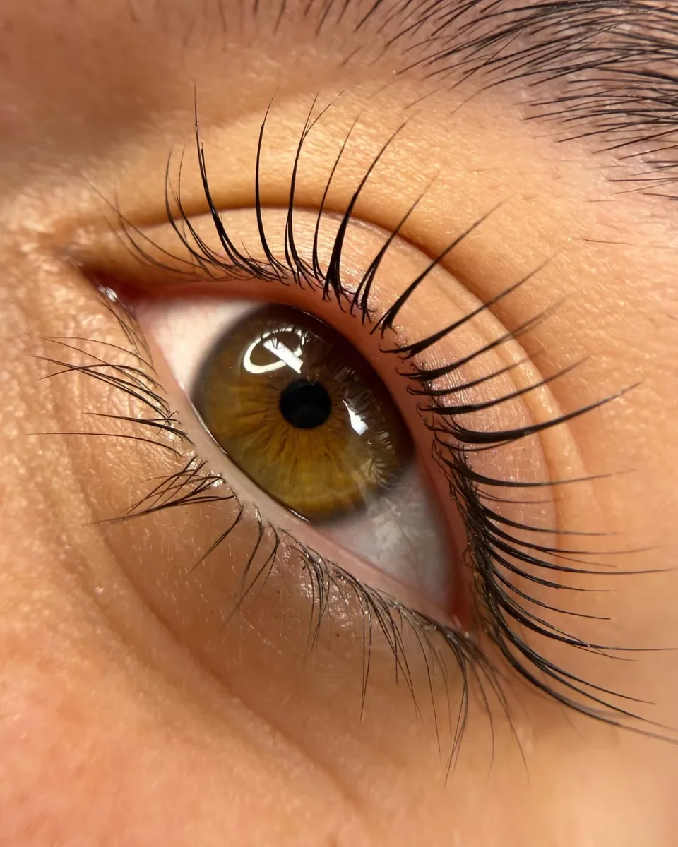 Primer plano de un ojo humano con iris marrón y pestañas largas y negras.