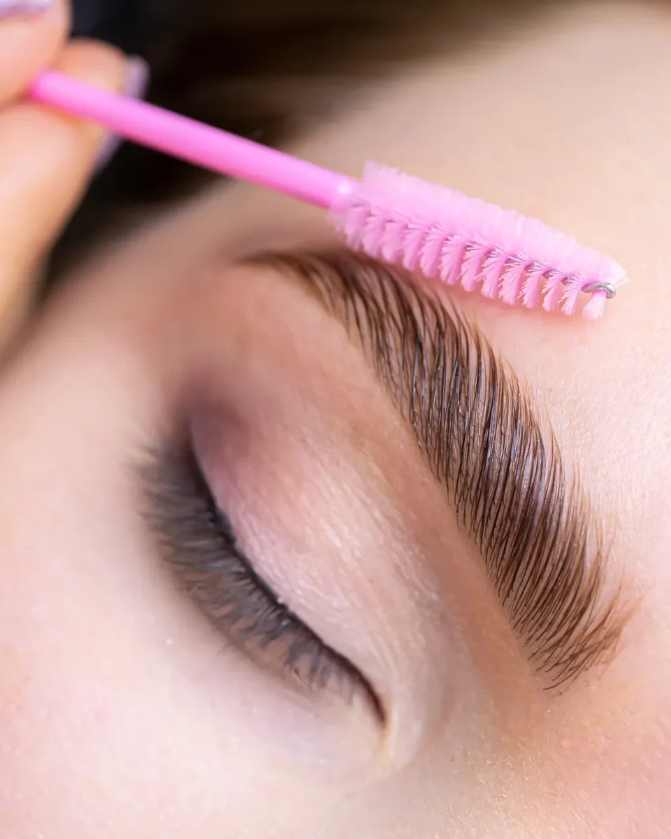 Una persona recibe un depilado de cejas con una espátula de cerdas rosas.