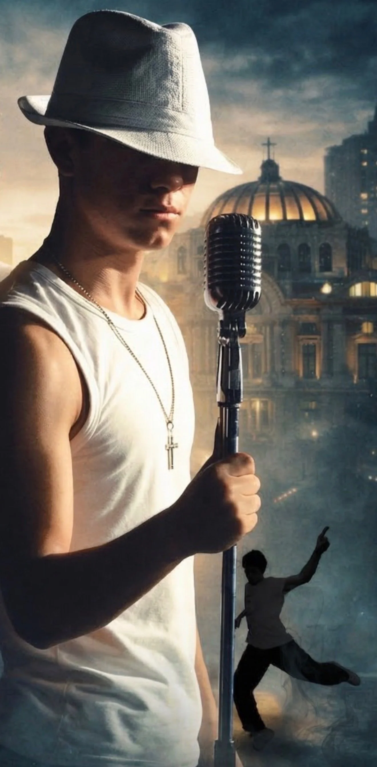 A person in a white sleeveless shirt and a white fedora hat holding a vintage microphone, standing against a backdrop of a cityscape with a domed building topped with a cross and a smaller person dancing in the background.