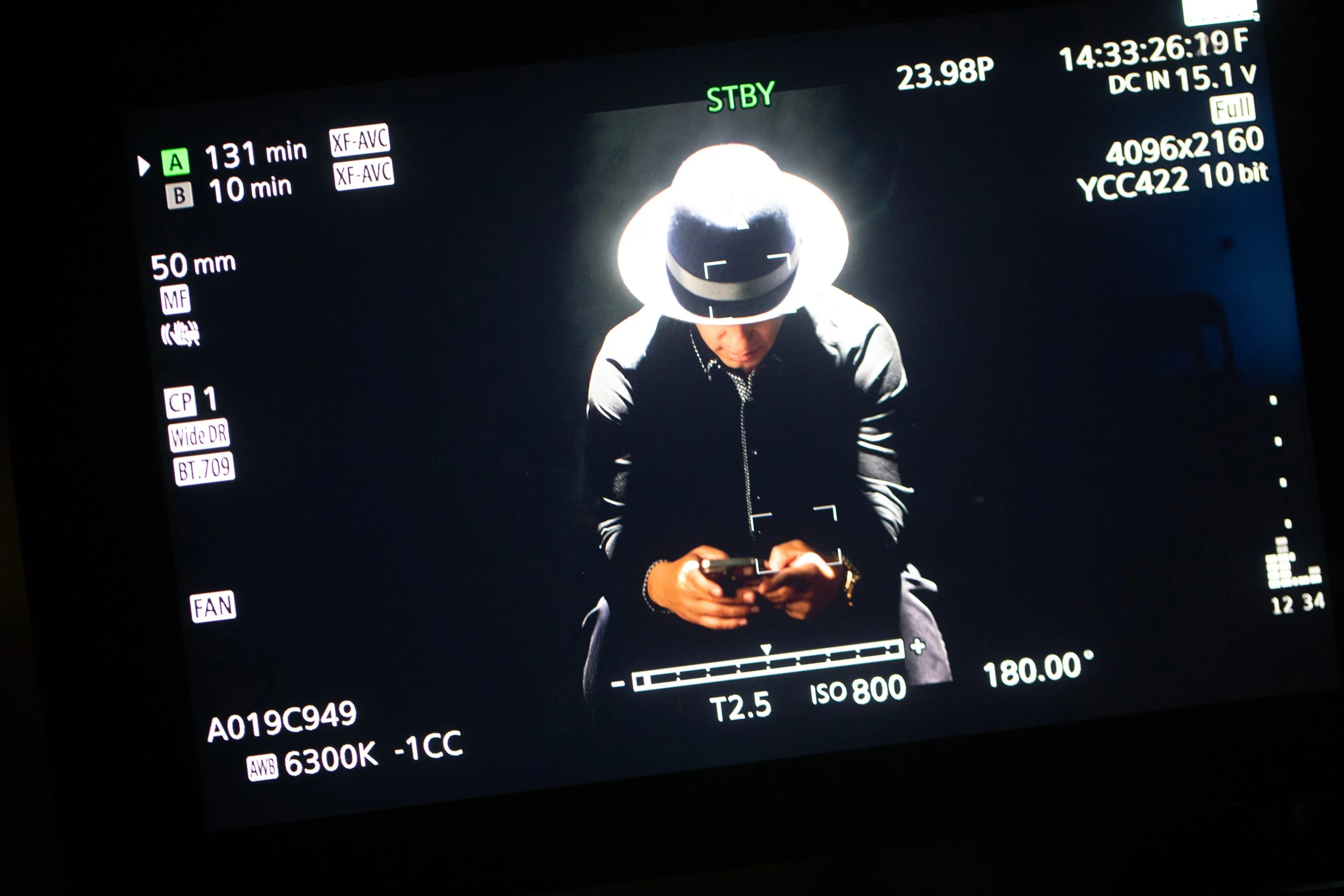 Person wearing a hat and black jacket, looking at a mobile phone, photographed through a camera viewfinder display.