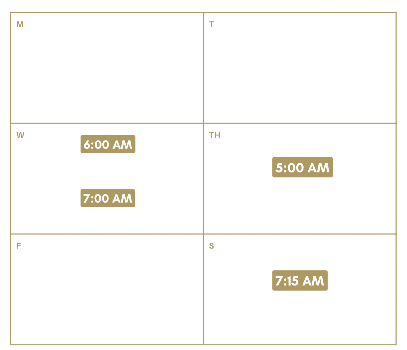 A digital agenda or planner showing scheduled times from 5:00 AM to 7:15 AM.