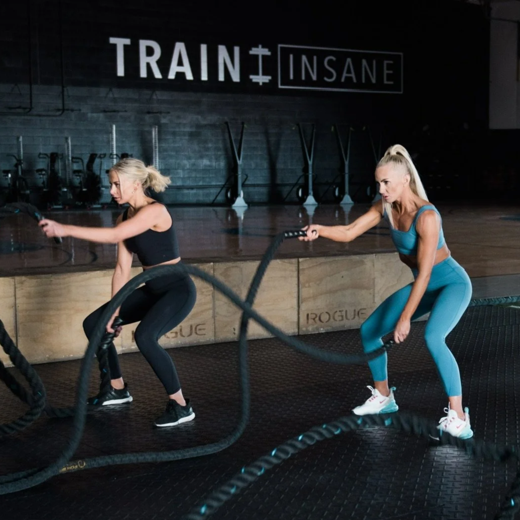 Two women training for HYROX with battle ropes in a gym, with a black wall in the background that has the words 'TRAIN INSANE' written on it.