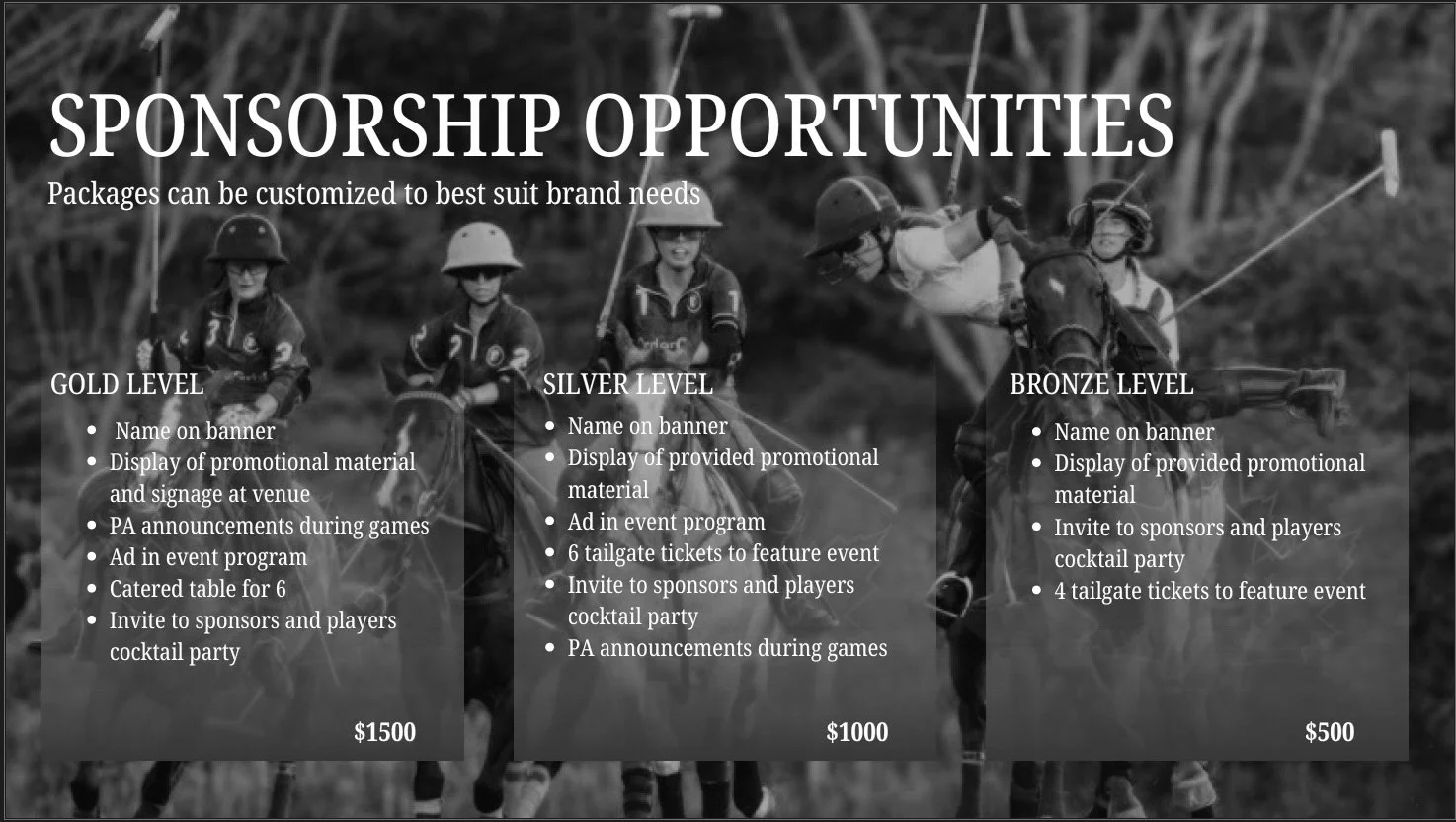 Sponsorship opportunities poster with three levels: Gold, Silver, and Bronze, each detailing sponsorship benefits and costs, with a background of people riding horses in a field.