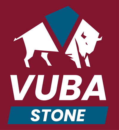 Logo with a white lion and a blue diamond shape on a maroon background, with the words "VUBA STONE" below.  Resin Bound Surfacing