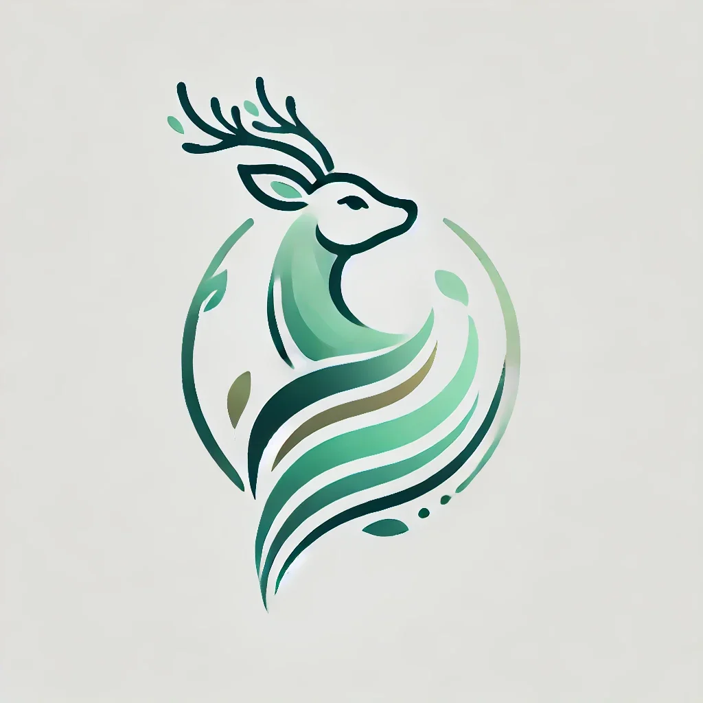 Stylized logo of a deer with antlers, integrated with flowing lines and leaf motifs, in shades of green and teal.
