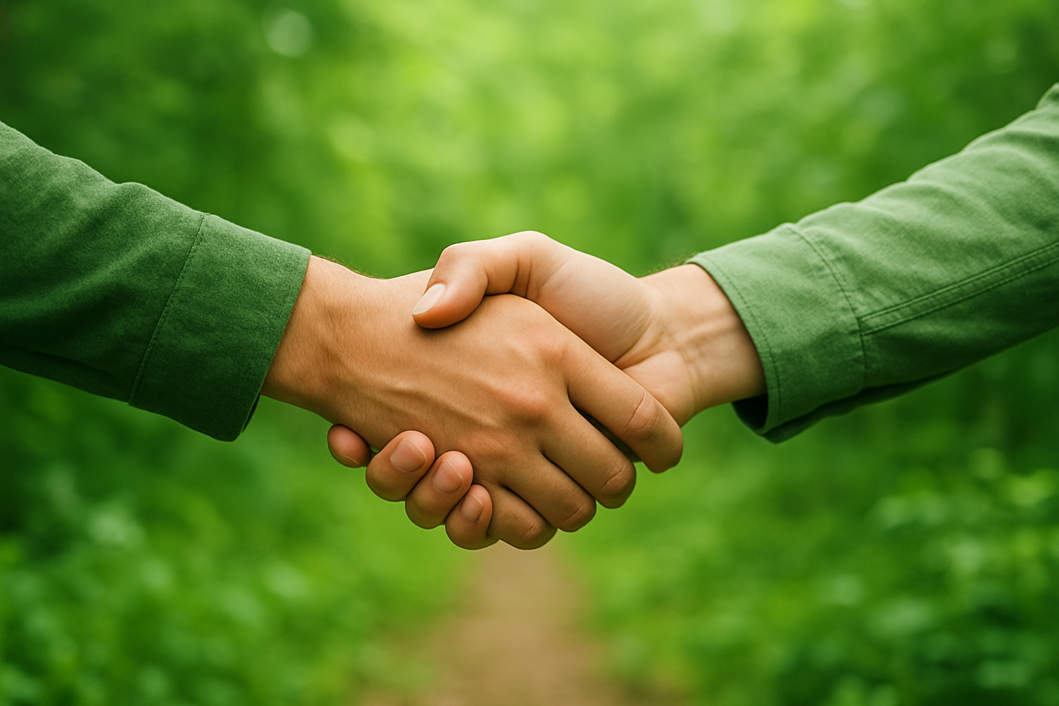 Two people shaking hands outdoors with a green blurred background.