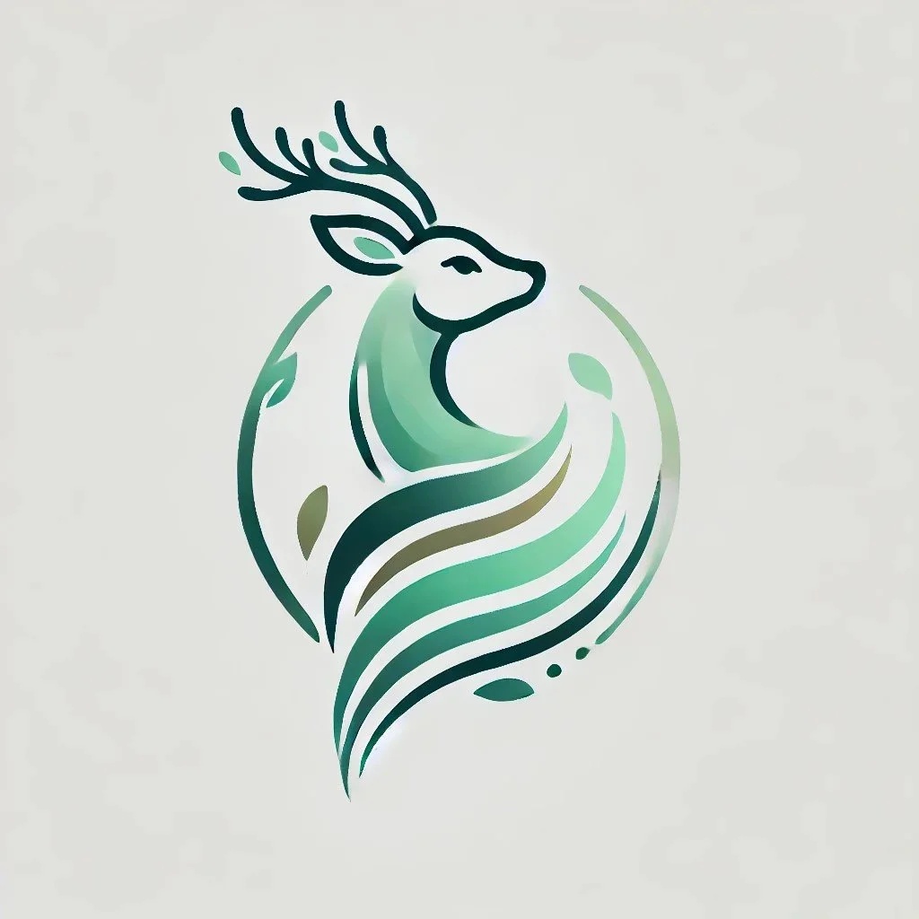 Stylized logo of a deer with antlers, integrated with flowing lines and leaf motifs in green and blue tones.