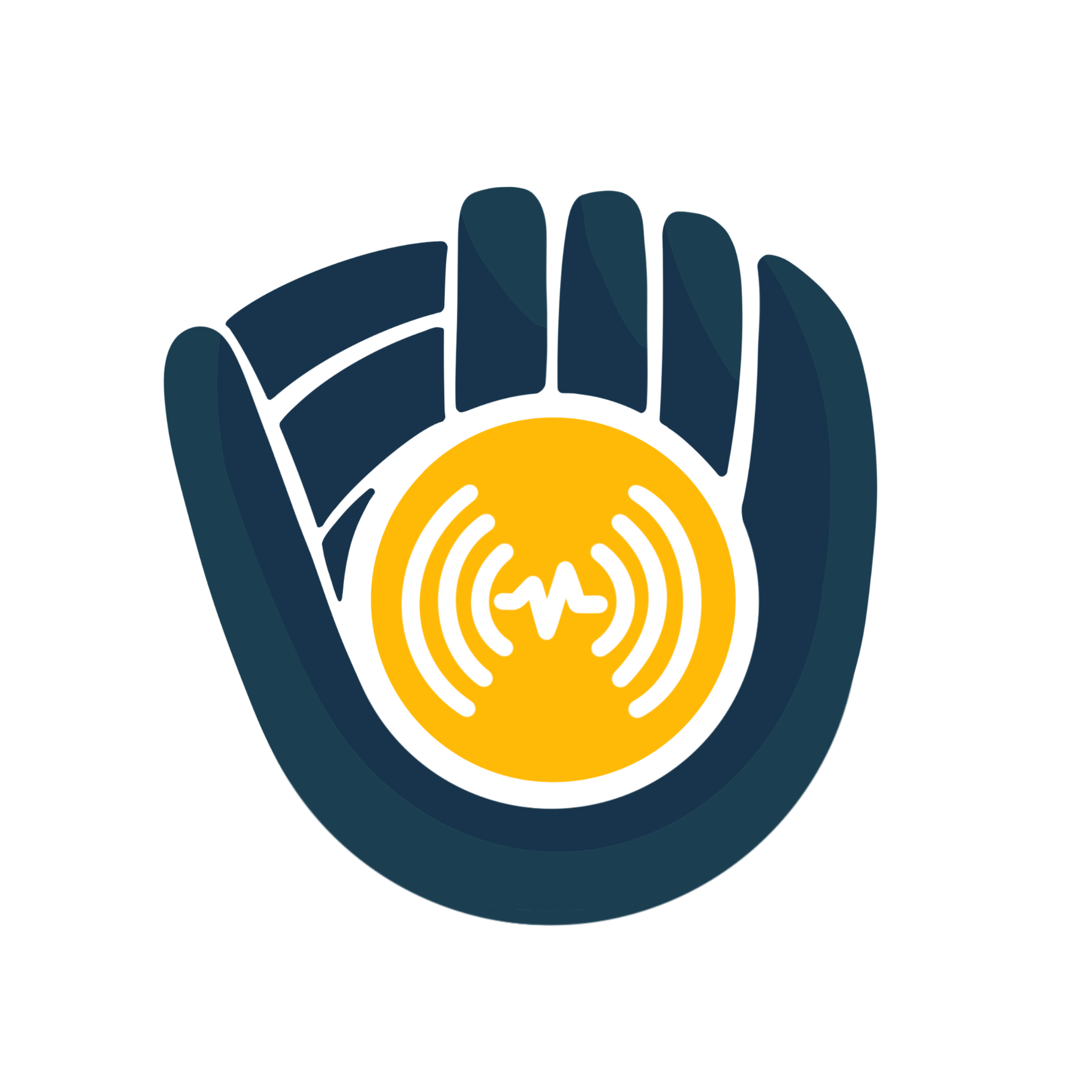 A logo featuring a stylized hand cradling a yellow circular shape with a black emblem in the center, set against a black background.