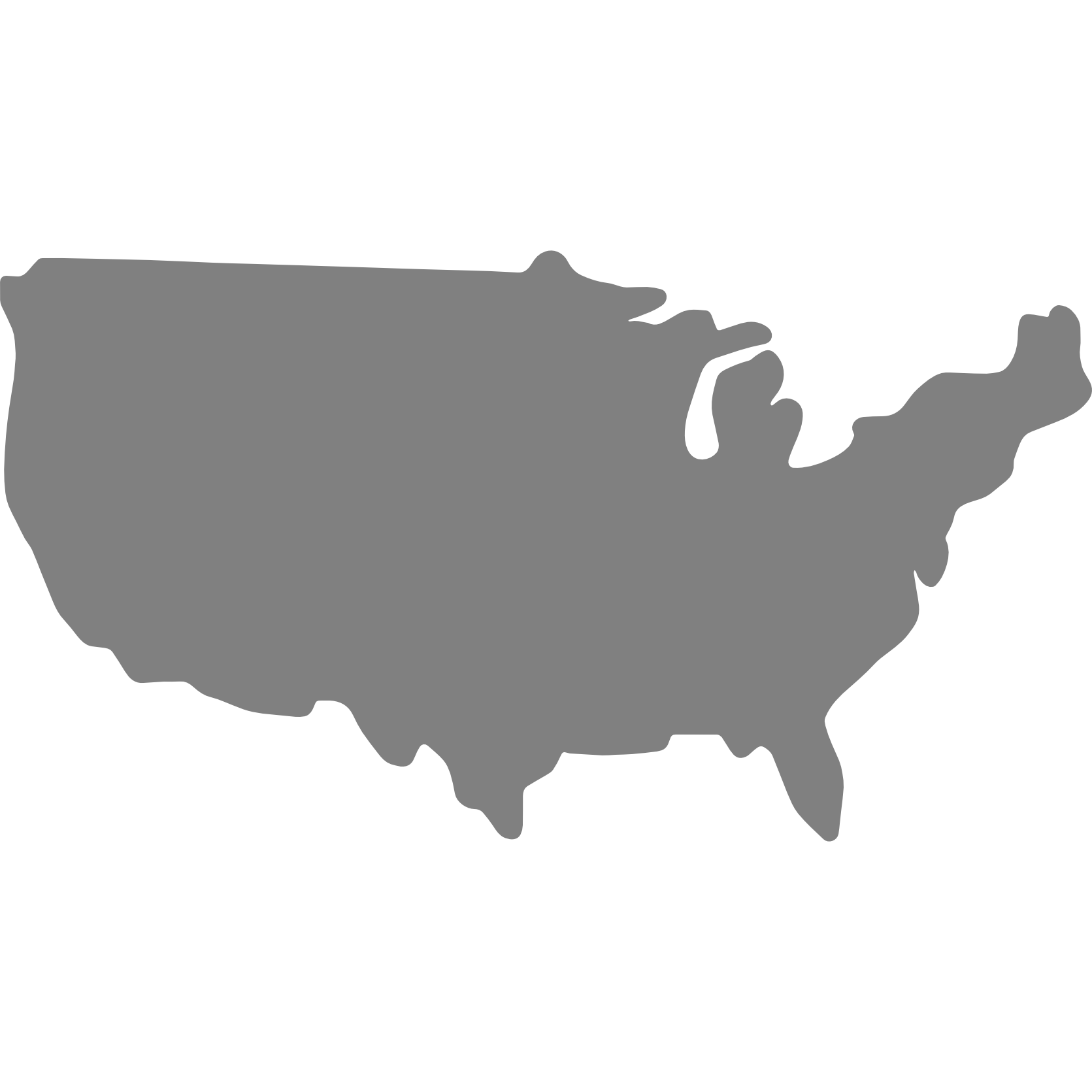 Gray silhouette map of the United States of America with black background.