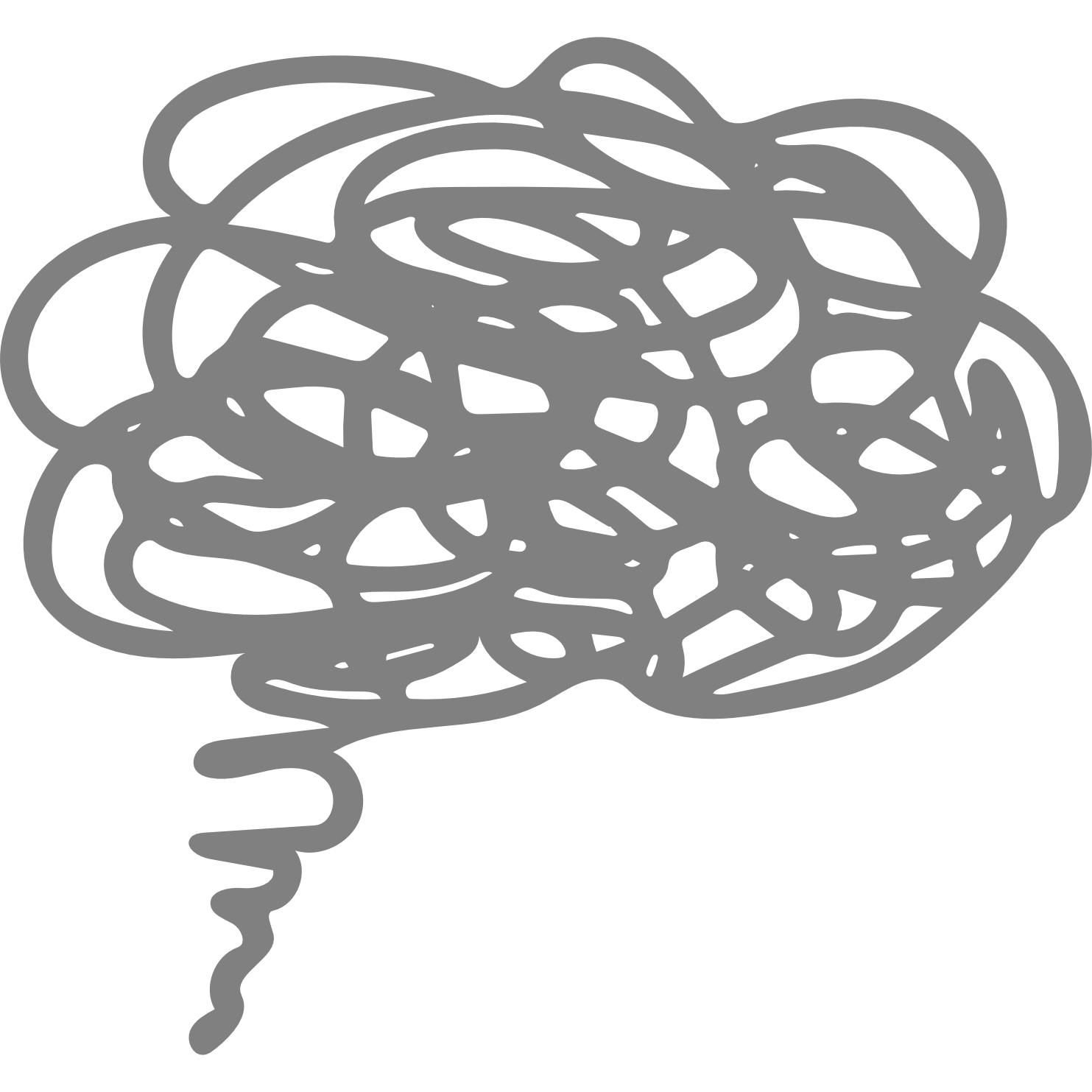 A scribbled line drawing of a brain with a small curly line extending from the bottom.