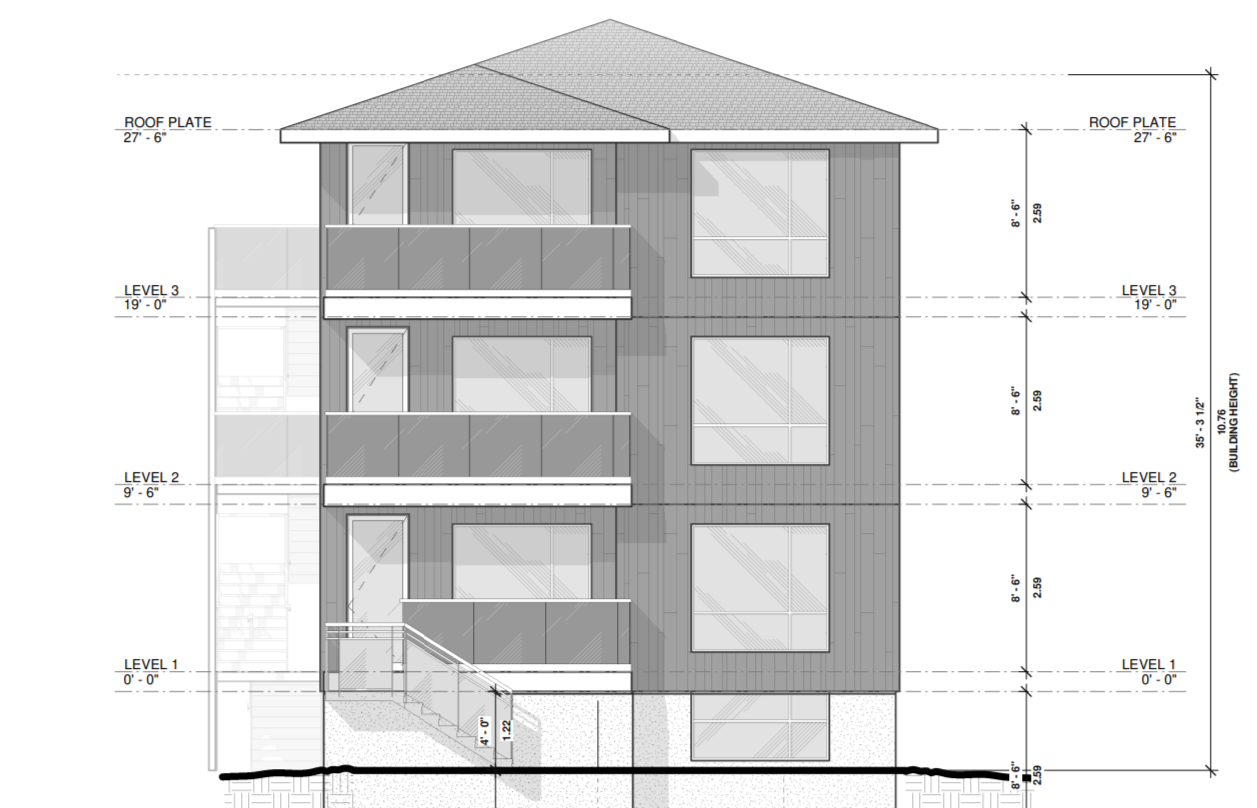 Architectural drawing of a four-story residential building with labeled roof, levels, and dimensions.