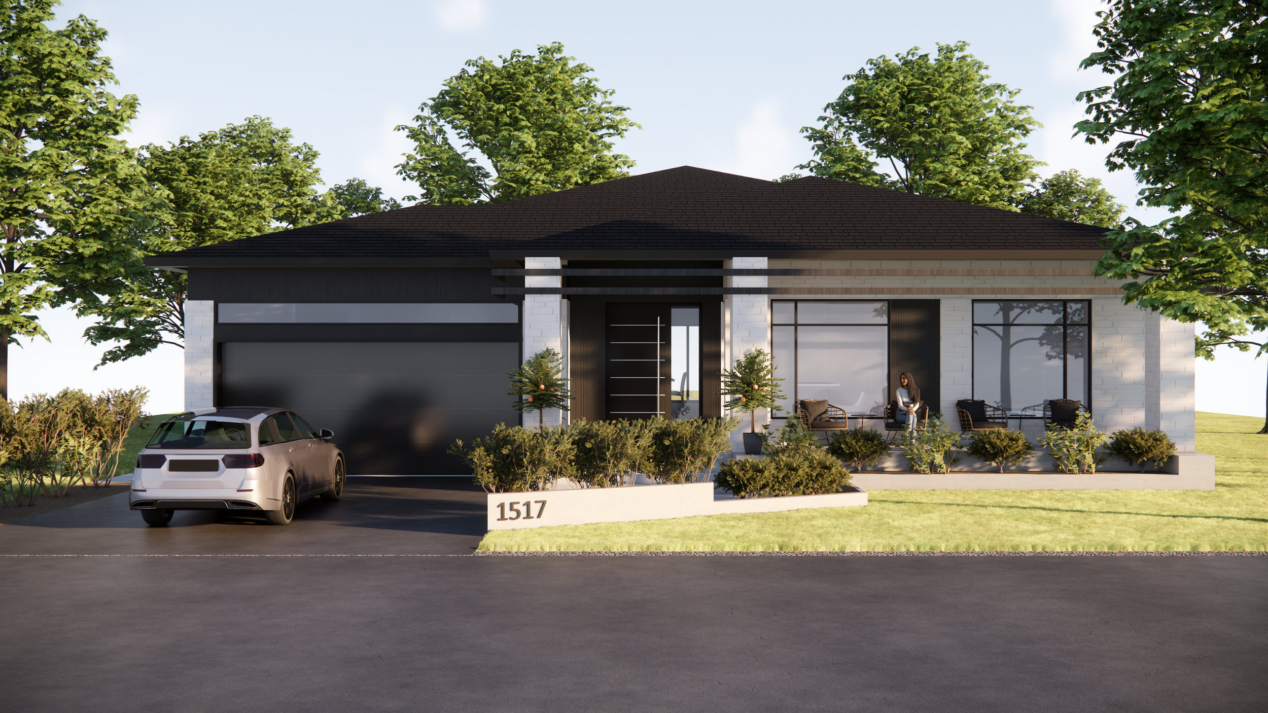 Modern single-story house with a black roof, white brick walls, a garage, a front porch with seating, and landscaped yard with plants, shrubs, and trees, featuring a woman sitting outside and the house number 1517.