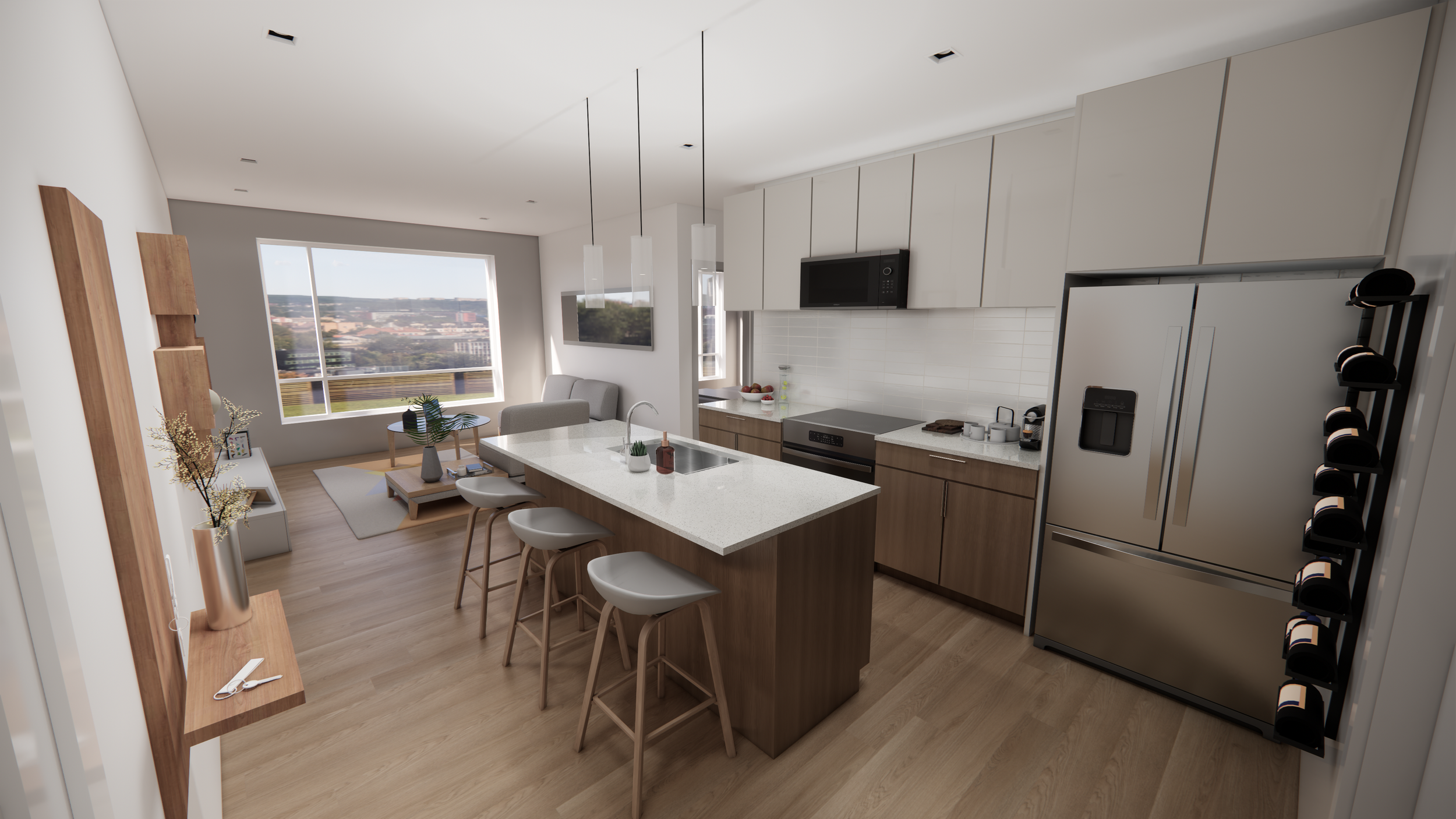 Modern open-concept kitchen with white cabinetry, stainless steel refrigerator, microwave, and oven, light wood flooring, and a kitchen island with three barstools. The background features a living area with a large window, a sofa, coffee table, and wall-mounted TV.