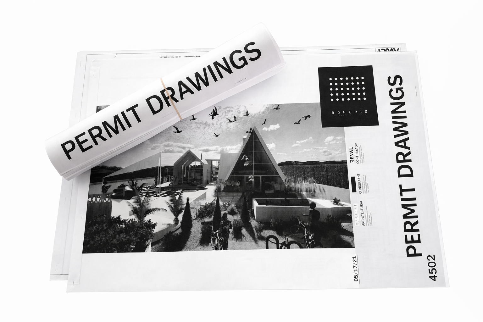 Architectural blueprint or drawing with a rolled permit labeled 'PERMIT DRAWINGS' placed on top, showing a modern building design with trees and a person with a bicycle.
