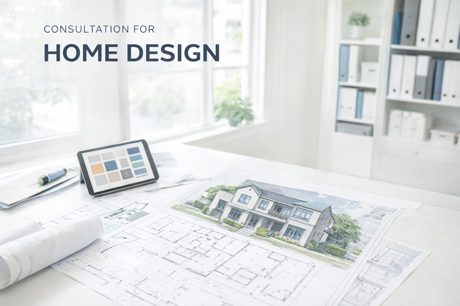 Architectural plans for a house, a 3D house rendering, a color palette on a tablet, and design tools on a bright white desk in an office with large windows.