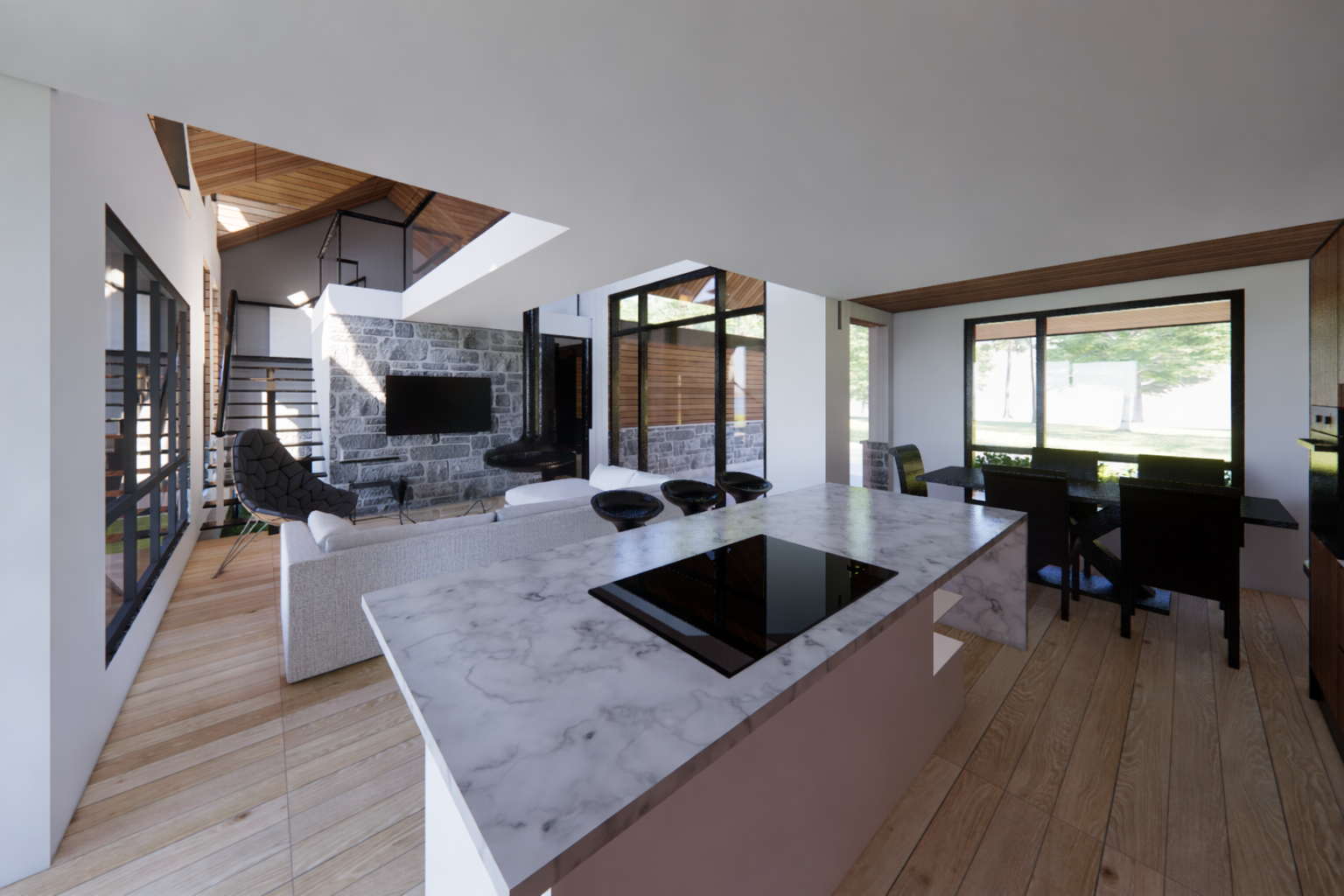 Interior view of a modern open-plan living space with a marble kitchen island, black dining table, large windows, and a sitting area with a stone accent wall and a flat-screen TV.