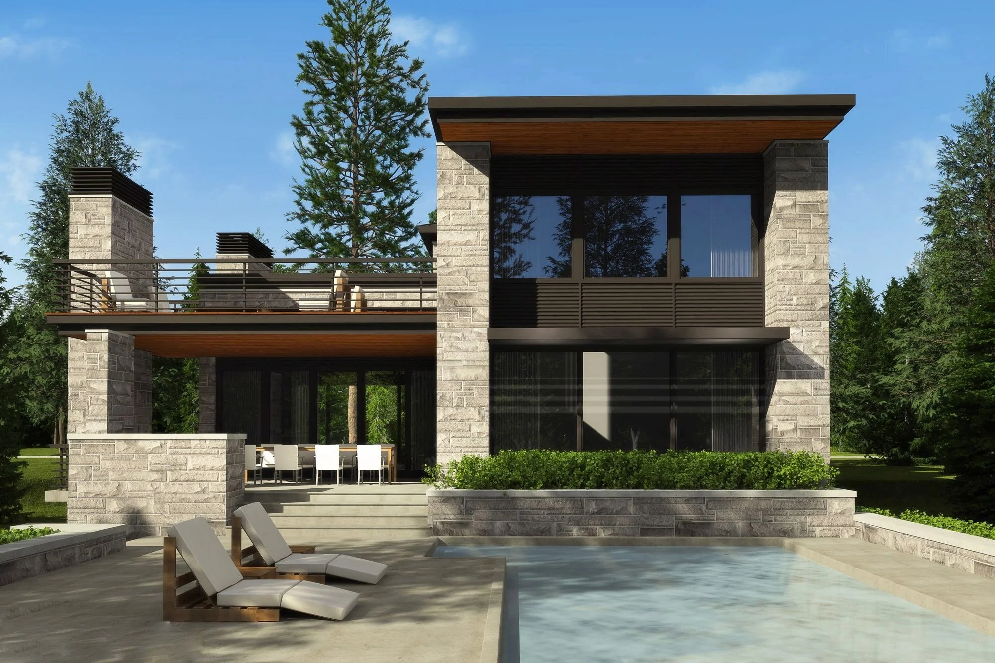 Modern two-story house with stone and black exterior, large windows, outdoor patio with dining table and chairs, pool with lounge chairs, surrounded by trees and greenery.
