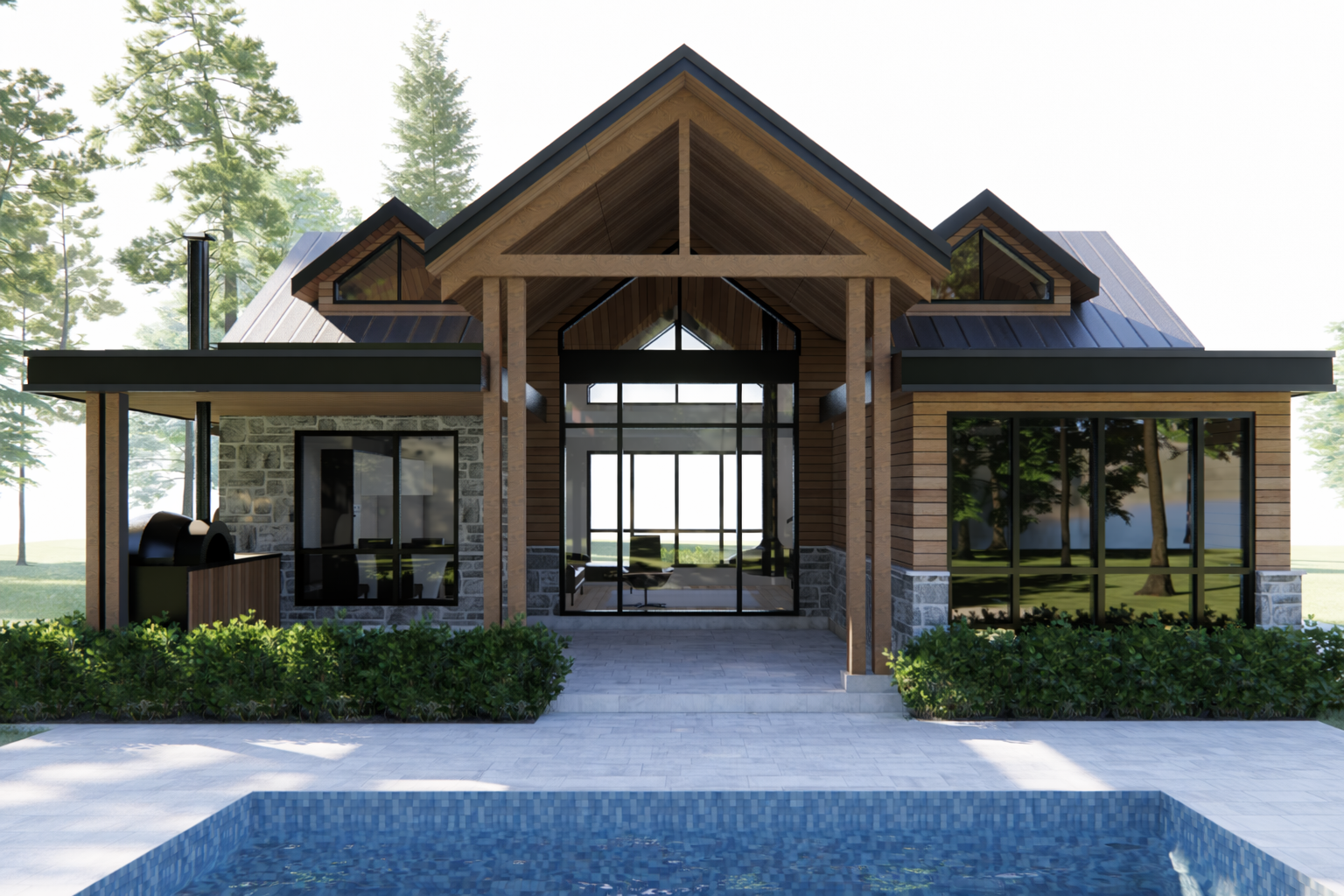 Modern house with large glass windows, wooden and stone exterior, surrounded by trees, with a swimming pool in the foreground.