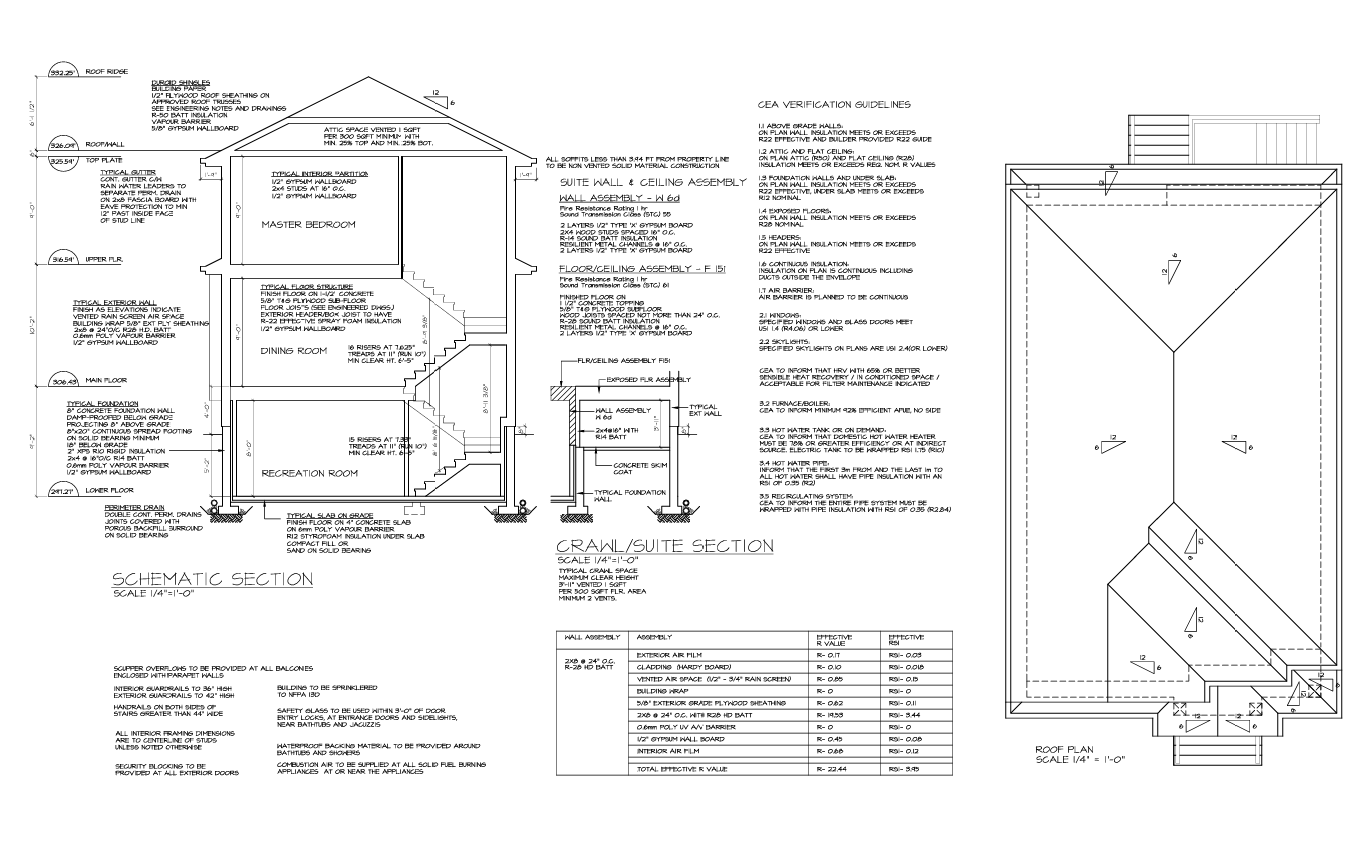 Detailed architectural blueprint of a residential building including sections for the schematic, crawl space, roof plan, and ceiling assembly, with various measurements and construction notes.