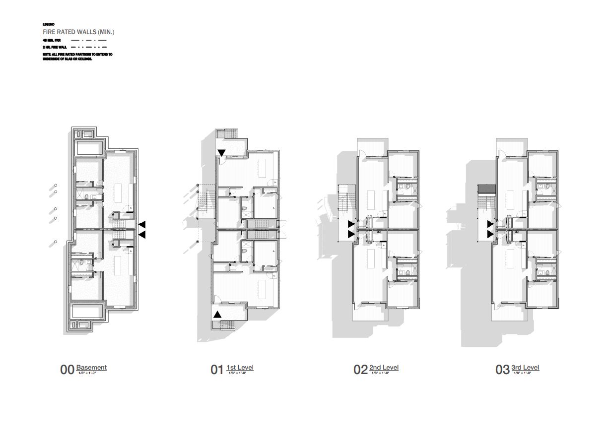 Floor plans of a townhouse showing four levels: basement, first level, second level, and third level. Each level's layout includes interior rooms and staircases, with black arrows indicating entry points. The plans are detailed black-and-white architectural drawings with labels for each level.
