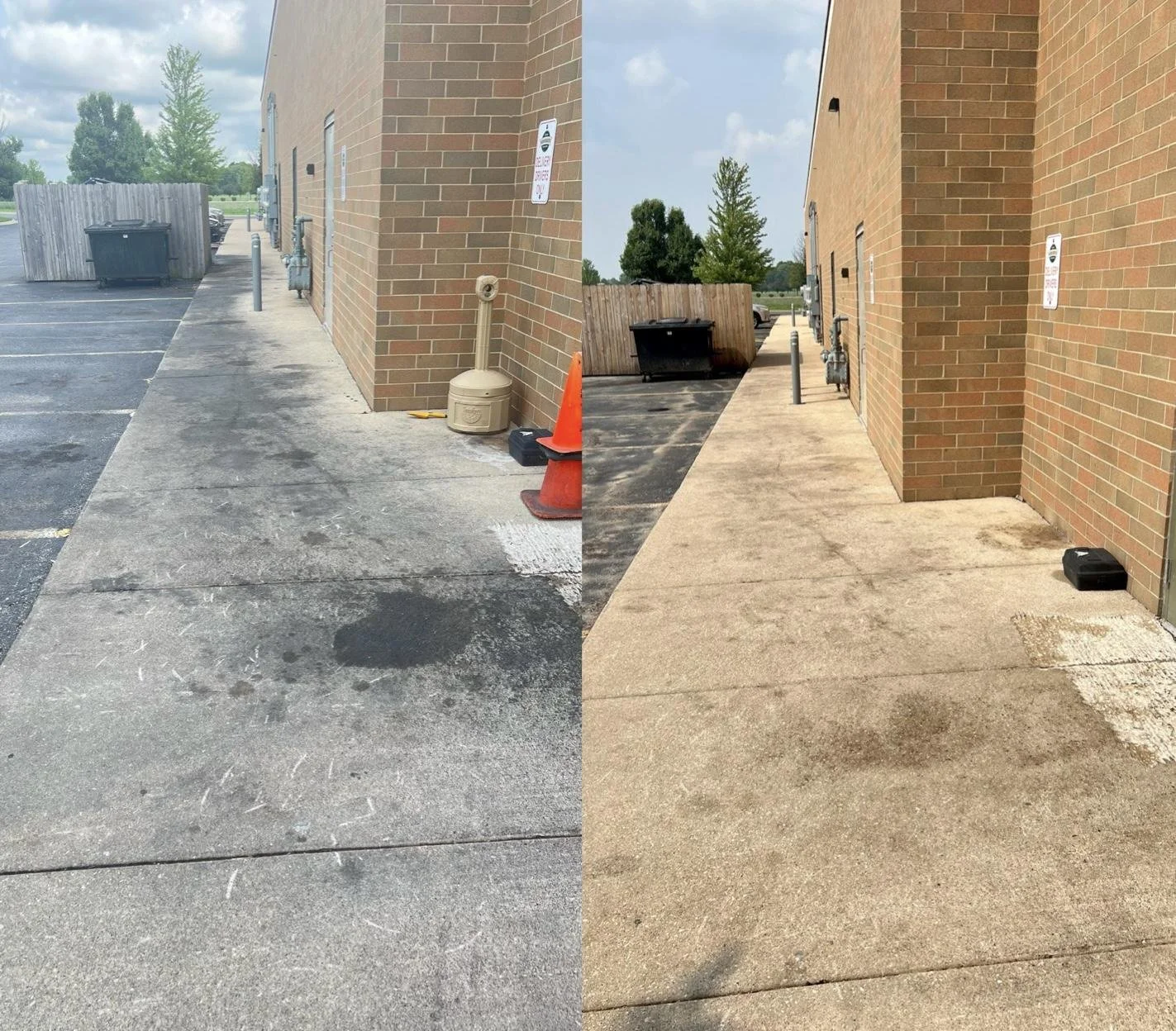 Comparison of two sidewalks against a brick building, showing improvements in cleanliness and repair, with a tree and parking lot visible in the background.