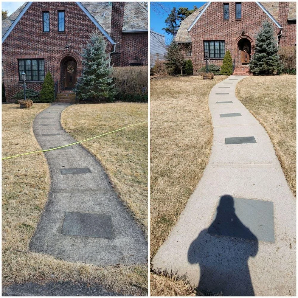 Side-by-side comparison of a curving walkway leading to a brick house. The left photo shows the older, weathered concrete pathway with patches, while the right photo shows a newly poured smooth concrete pathway with visible footprints, including a shadow of the person taking the photo.