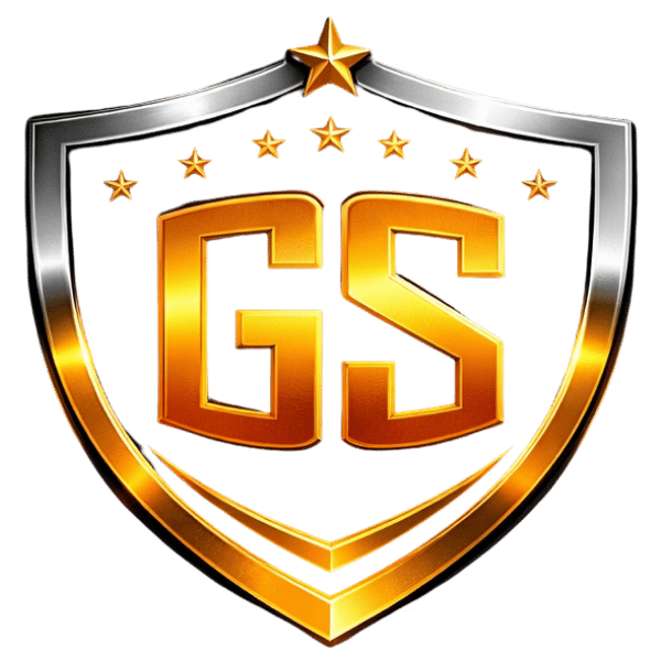 A metallic shield crest with a gold and silver color scheme, featuring the letters 'GS' in the center, surrounded by a gold outline, six stars above, and a gold five-pointed star at the top.