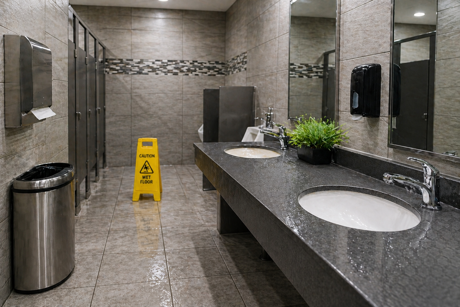 A clean public restroom with a double sink granite countertop, a mirror, a potted plant, soap dispensers, and a wet floor caution sign. There are also metallic hand dryers and a trash can.