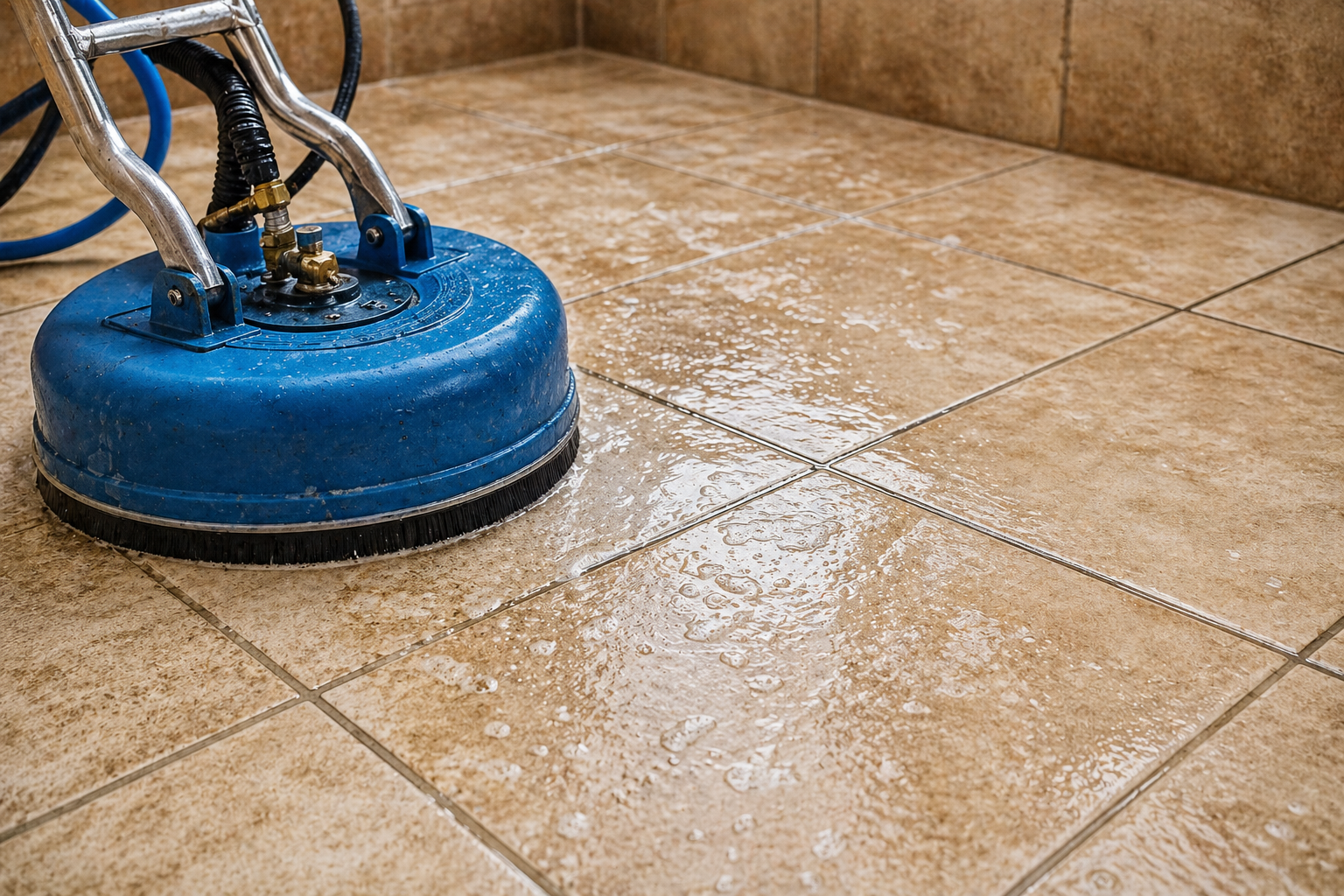 A floor cleaning machine scrubbing brown tiled floor with water splashing.