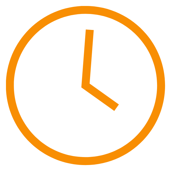 Orange clock with black face and orange hands showing 3:00.