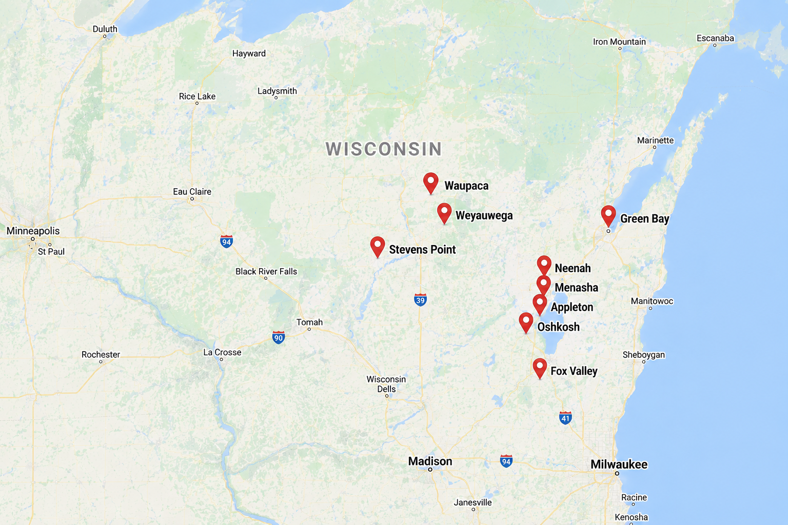 Map of Wisconsin showing locations marked with red pins including Green Bay, Neenah, Menasha, Appleton, Oshkosh, Fox Valley, Stevens Point, Weyauwega, Waupaca, and other cities.