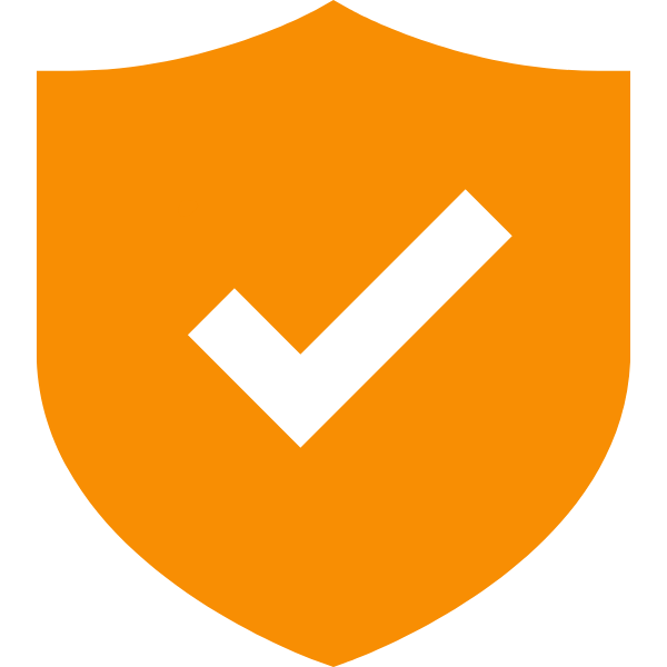 Orange shield with a black check mark.