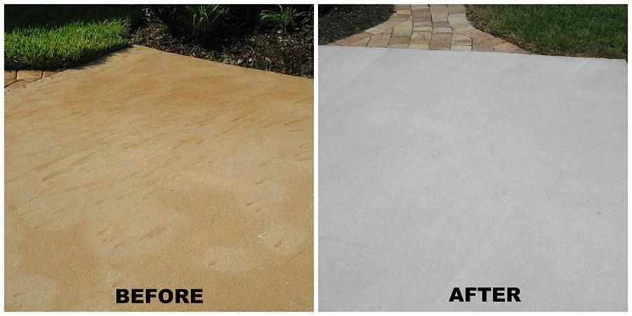 Comparison of a concrete patio before and after cleaning or resurfacing. The left side shows a stained, discolored surface, while the right side shows a clean, restored surface with a smoother, lighter appearance.