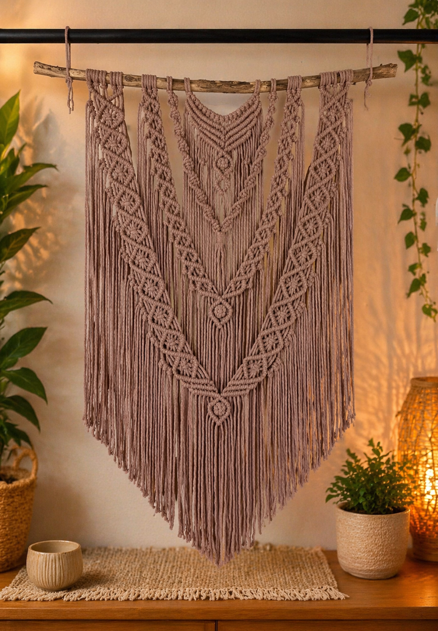 Beige macrame wall hanging with intricate knot patterns, hanging from a wooden branch on a black rod, in a cozy, plant-filled room with warm lighting and wicker decor.