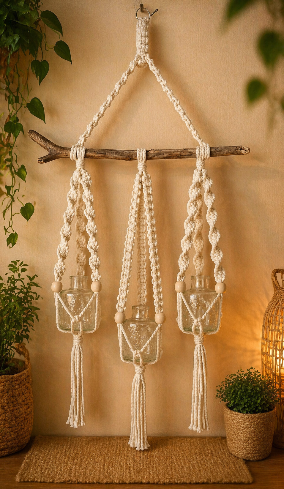 Macrame hanging wall decor with three glass jars suspended by thick white ropes, attached to a driftwood branch, on a beige wall with potted plants and a woven basket to the sides.