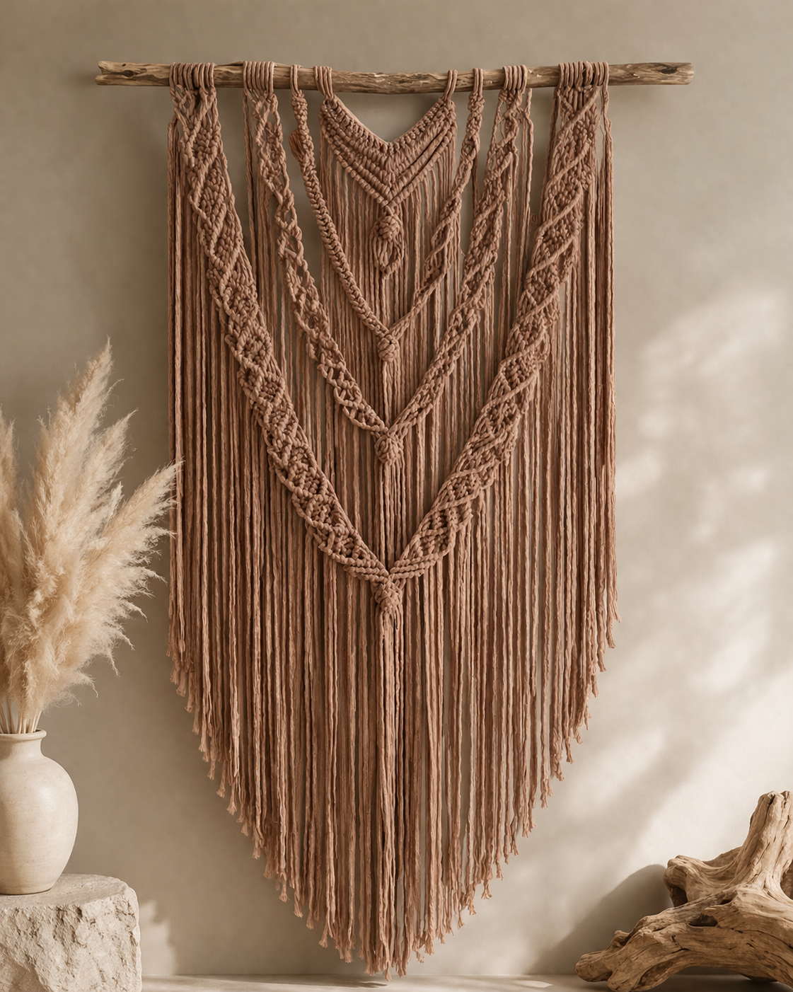 Beige macrame wall hanging with intricate patterns, mounted on a wooden dowel, in a minimalistic room with a vase of pampas grass and a piece of driftwood.