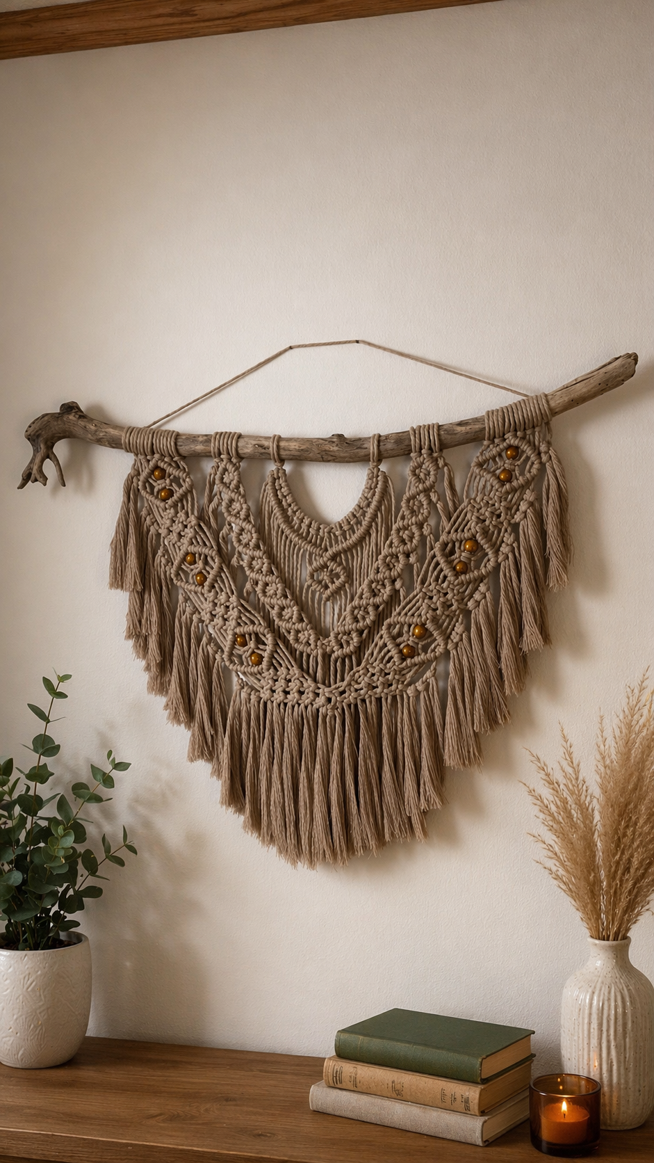 Bohemian-style macramé wall hanging with beads, hanging on a driftwood branch, above a wooden surface with books, a potted plant, a vase with dried grasses, and a lit candle.