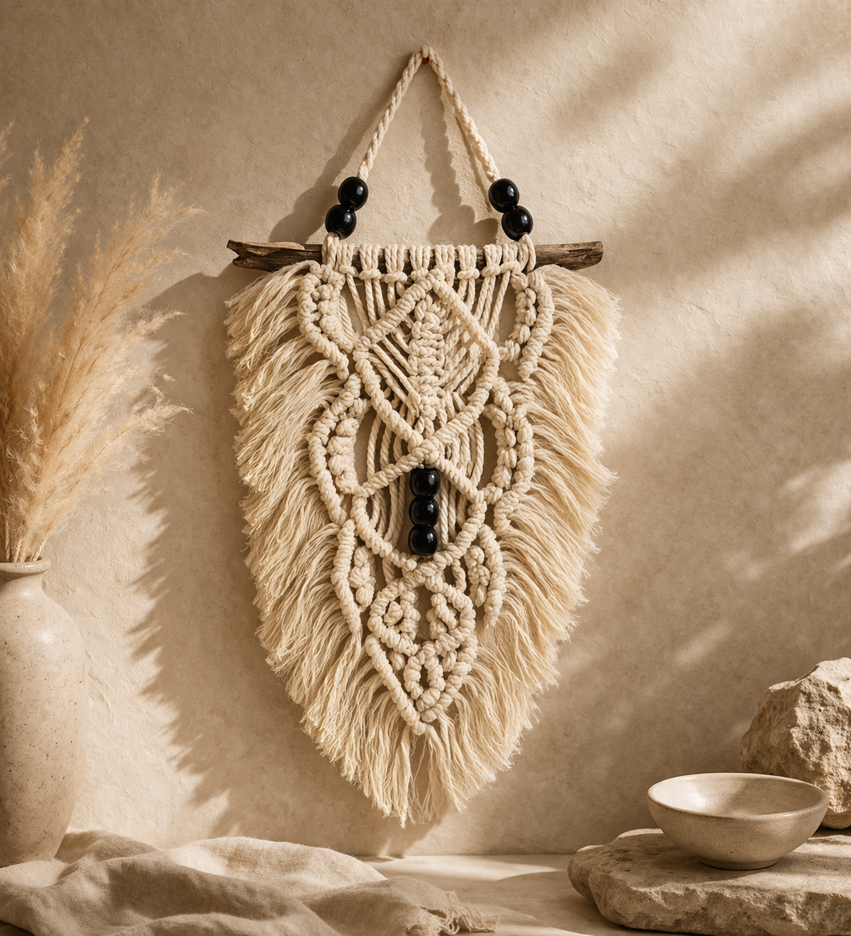 Decorative wall hanging made of knotted cream-colored rope, with black beads, mounted on a wall. To the left, a vase with dried pampas grass. To the right, a bowl and a stone on a textured surface.