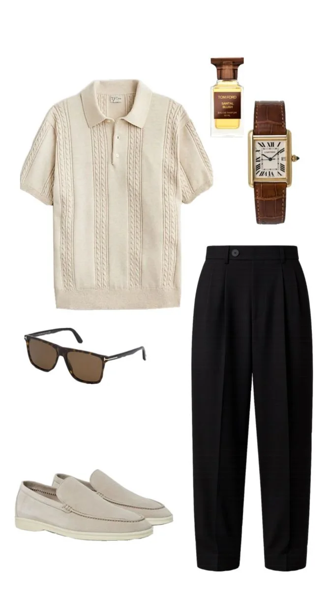Cream cable knit polo shirt, brown fragrance bottle, gold watch with brown leather strap, black sunglasses, beige loafers, black dress pants.