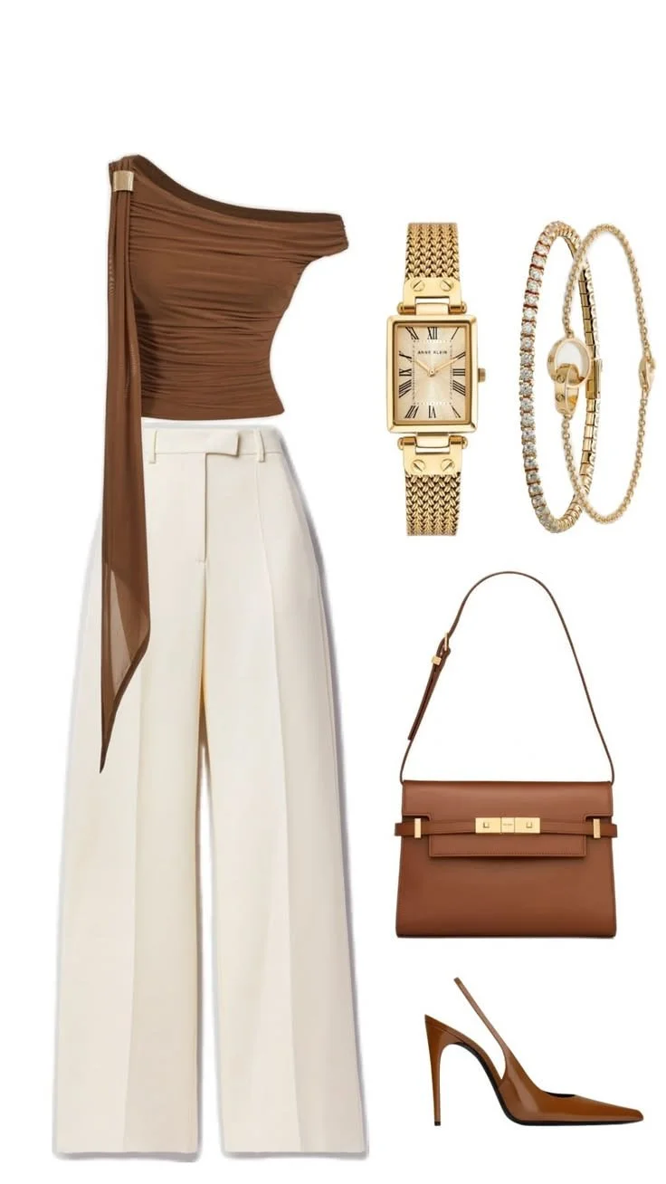 Fashion ensemble including a brown sleeveless top, white wide-leg pants, gold watch, gold and pearl bracelet, brown high-heeled shoe, and a brown handbag.