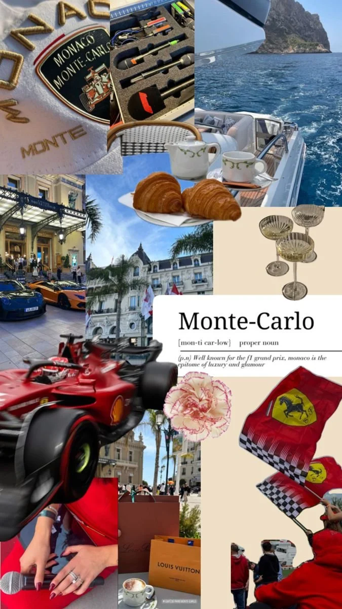 A collage of images featuring luxury and leisure activities associated with Monte Carlo, including luxury cars, yachts, fine dining, champagne glasses, croissants, Monaco signage, shopping, and racing cars.