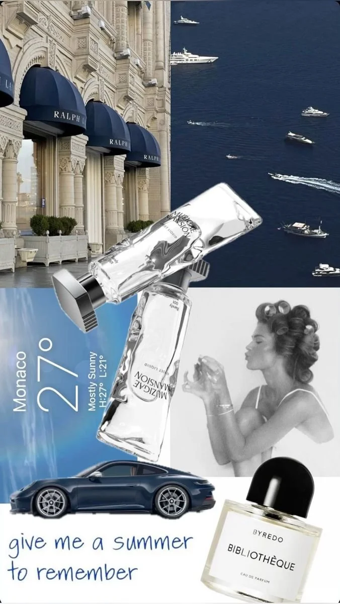 A collage with luxury and summer themes featuring a Monaco weather forecast, a luxury black car, a woman with vintage hairstyle, perfume bottles, a coastal scene with yachts, and Ralph Lauren store awnings, with the text ‘give me a summer to remember’.
