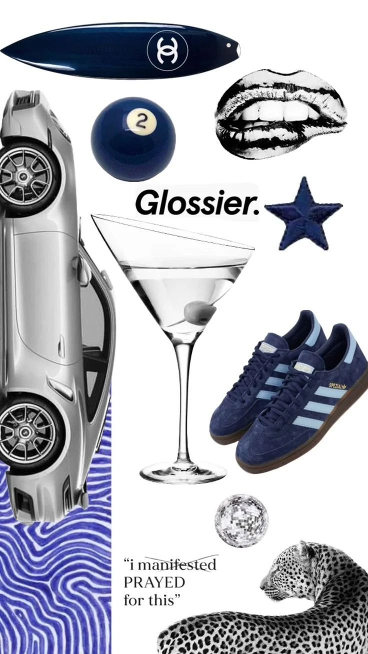Collage of various objects including a silver sports car, a blue surfboard with a logo, a black and white mouth, a blue pool ball with the number two, a blue star, a pair of blue sneakers, a martini glass with an olive, a small disco ball, and a jaguar leopard. Text elements include "Glossier," and a quote "i manifested PRAYED for this."