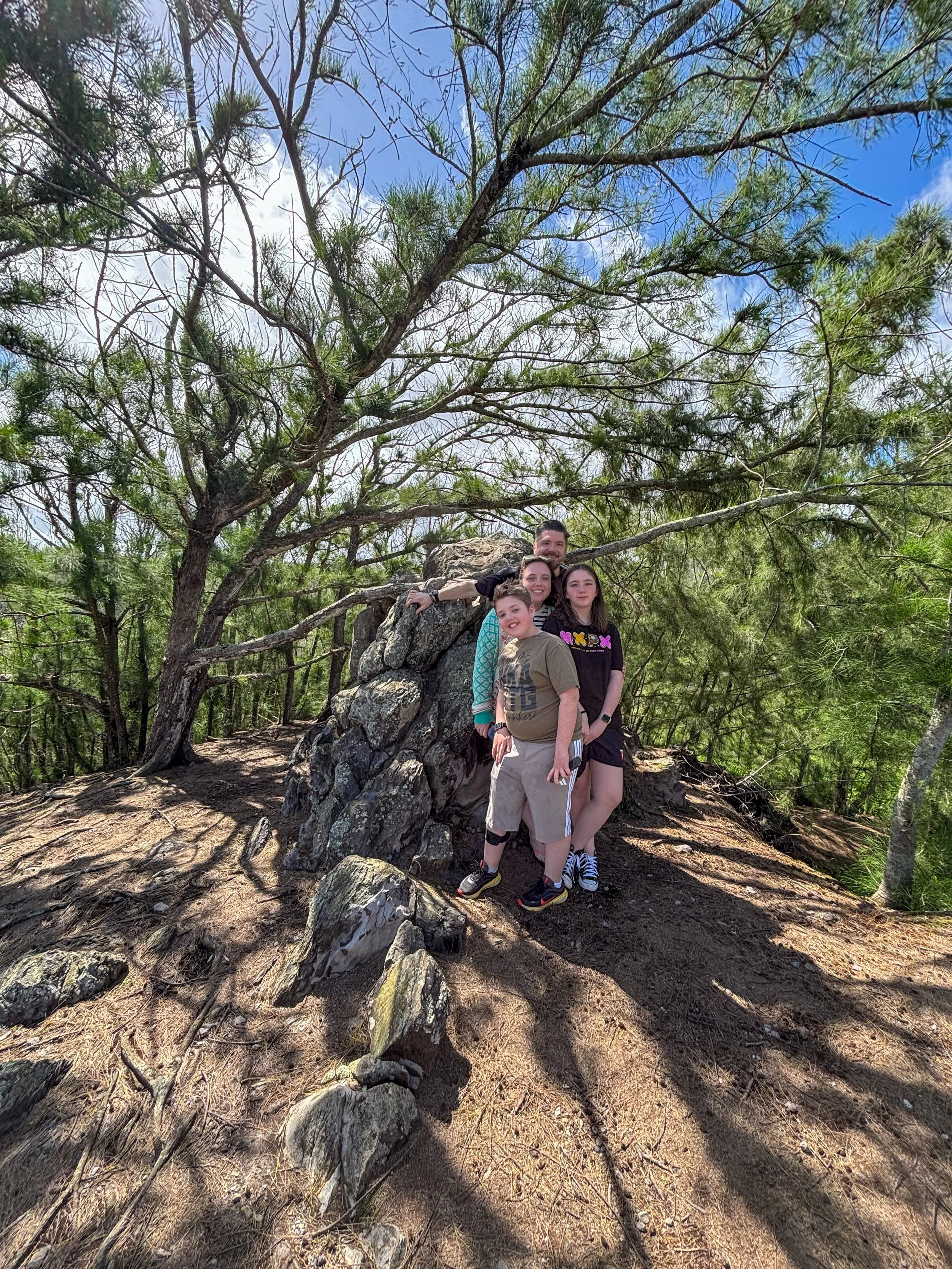 Group of four people standing on a rocky hilltop surrounded by trees with green foliage, under a partly cloudy sky.