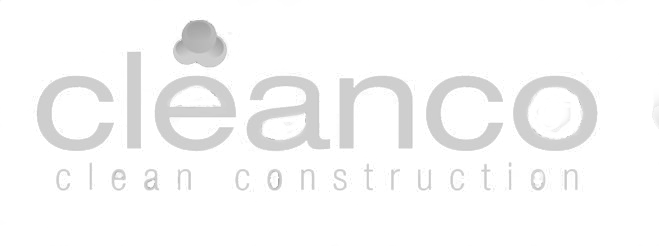 Logo with the word 'cléanco' in gray, lowercase letters, with a white clover icon above the letter 'l'. Subtext reads 'clean construction' in smaller gray font.