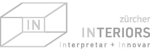 Logo for Zurcher Interieurs, a design company, featuring a 3D cube graphic with 'IN' inside and the text 'zürcher INTERIORS interpreter + innovator'