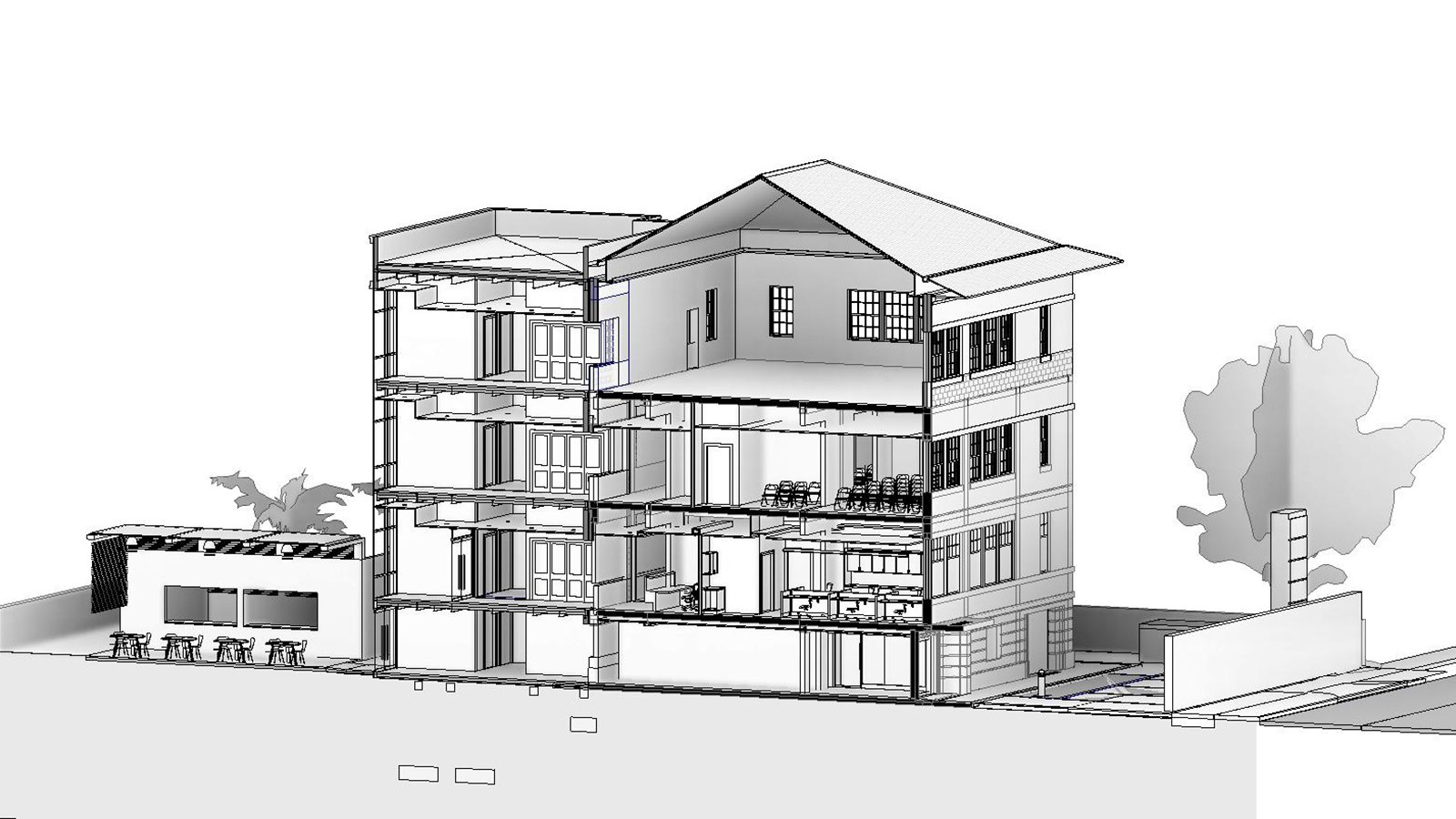 BIM architectural coordination drawing by Blue AEC Studio — multi-story building section showing structural layout, rooms, and systems for digital construction documentation and BIM modeling.